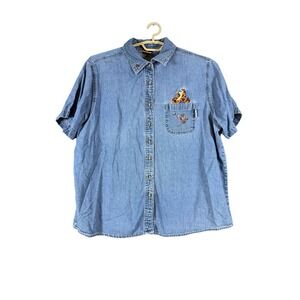 Disney Pooh Women's Long Sleeve Blue Denim Button Up Blouse Size 22/24